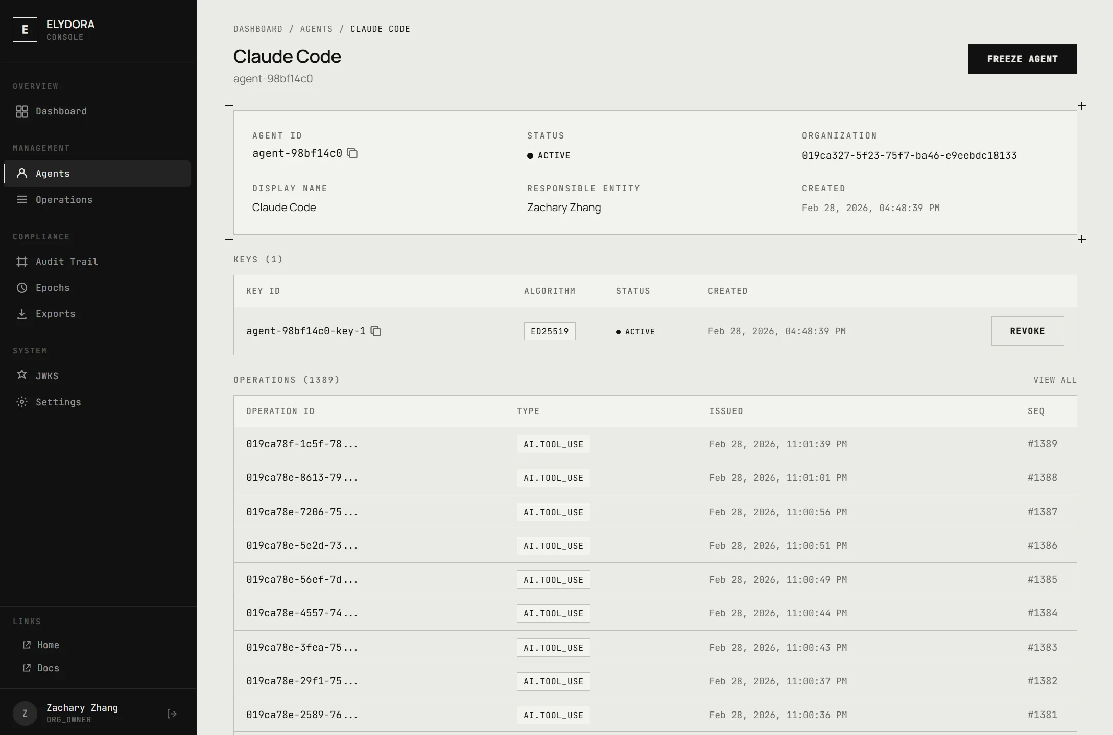 Agent detail with operation list