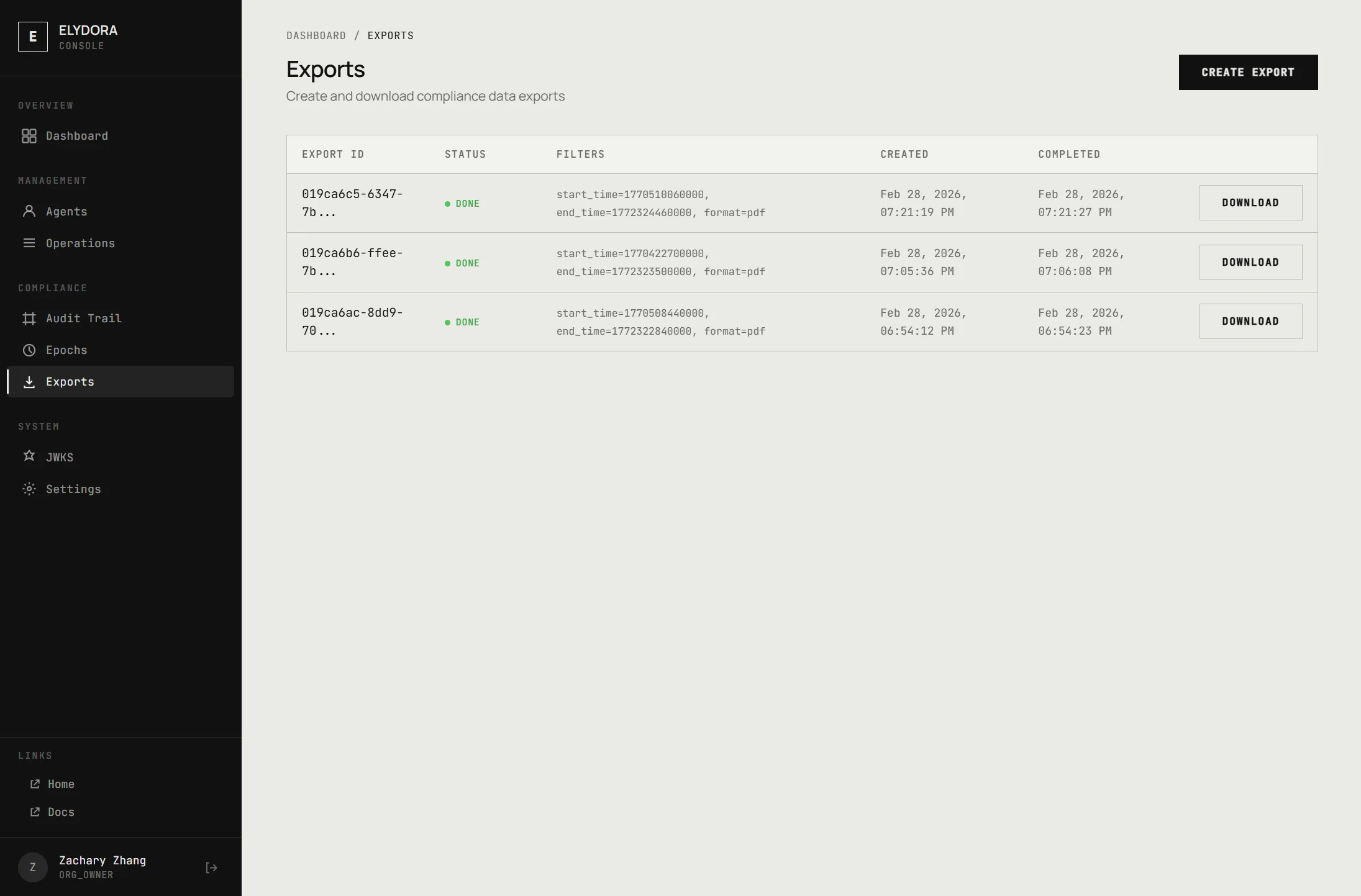 Compliance export downloads