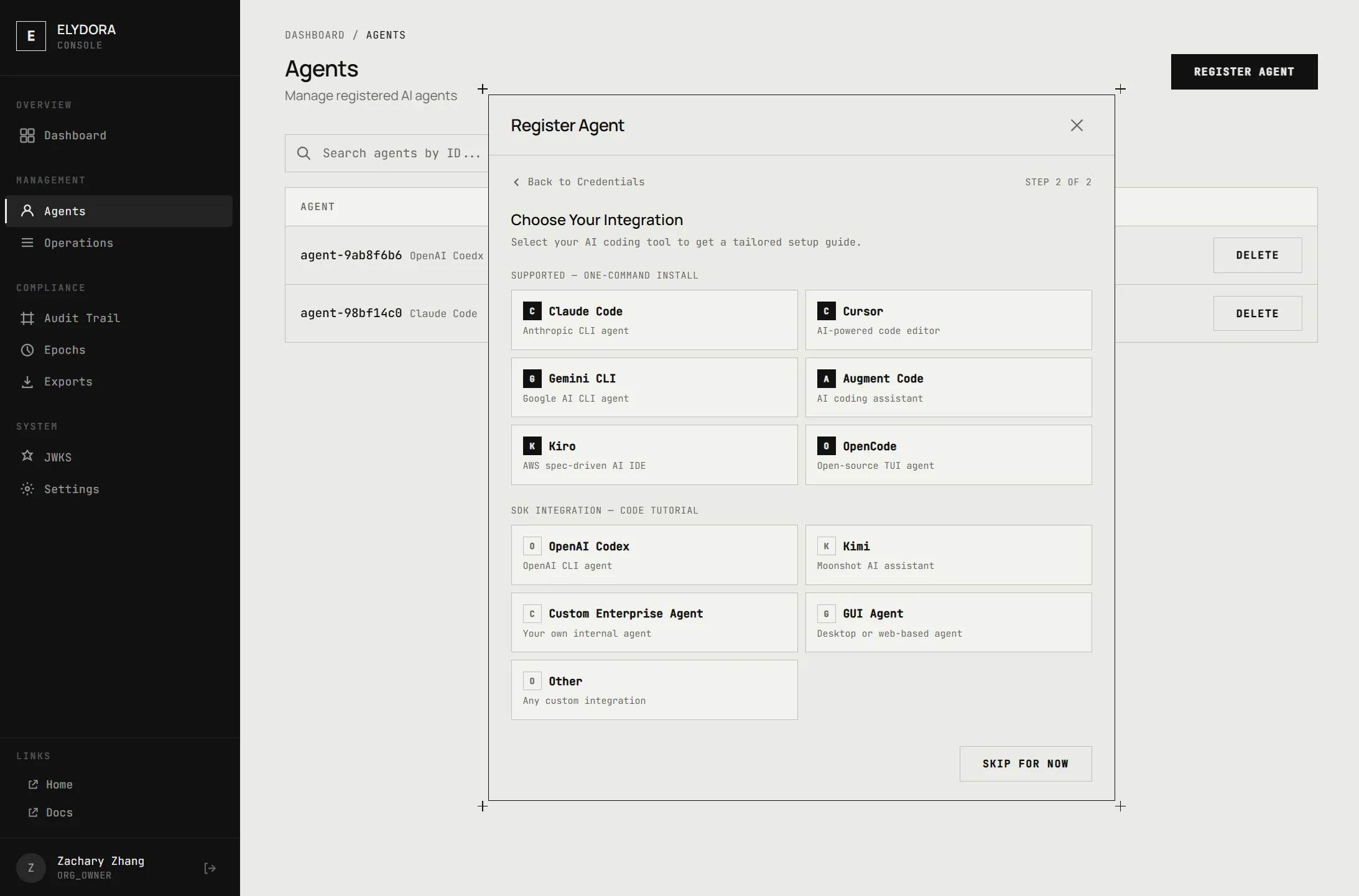 One-click integration selector
